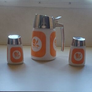 Vintage Dripcut Syrup Dispenser & Salt/Pepper Shaker Morning Glory Orange